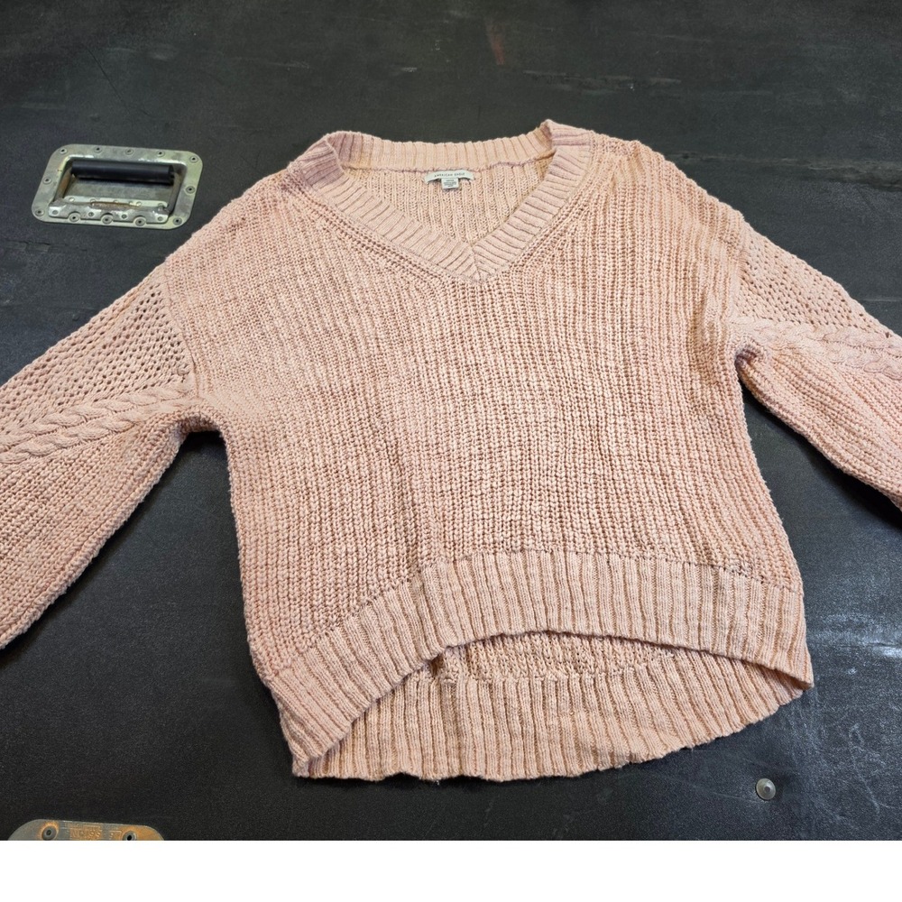 American Eagle Pink Shaker Knit V-Neck Sweater High Low Hem 100% Cotton Small